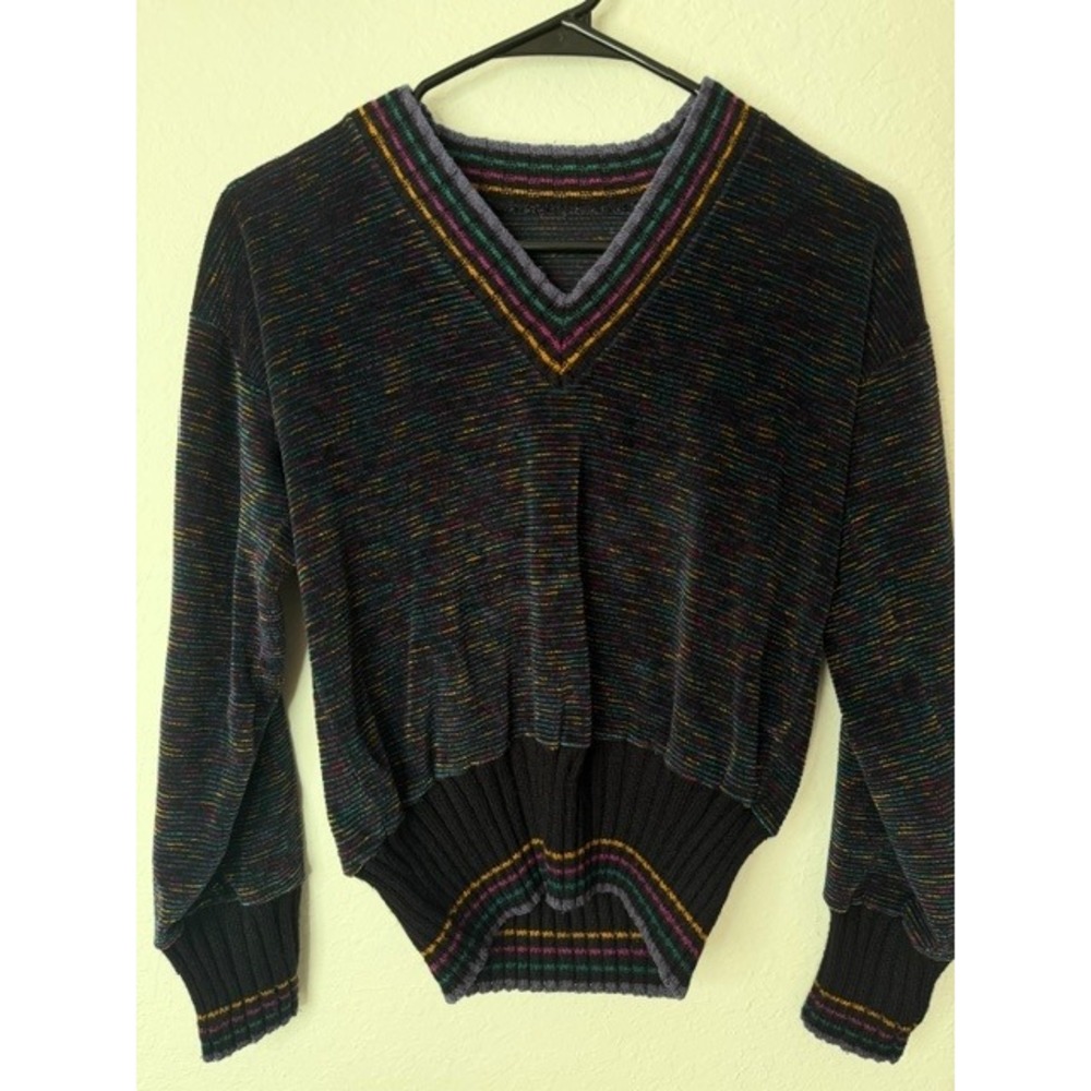 Vintage Multicolor Striped V-Neck Knit Sweater Ribbed Waistband Black Retro
